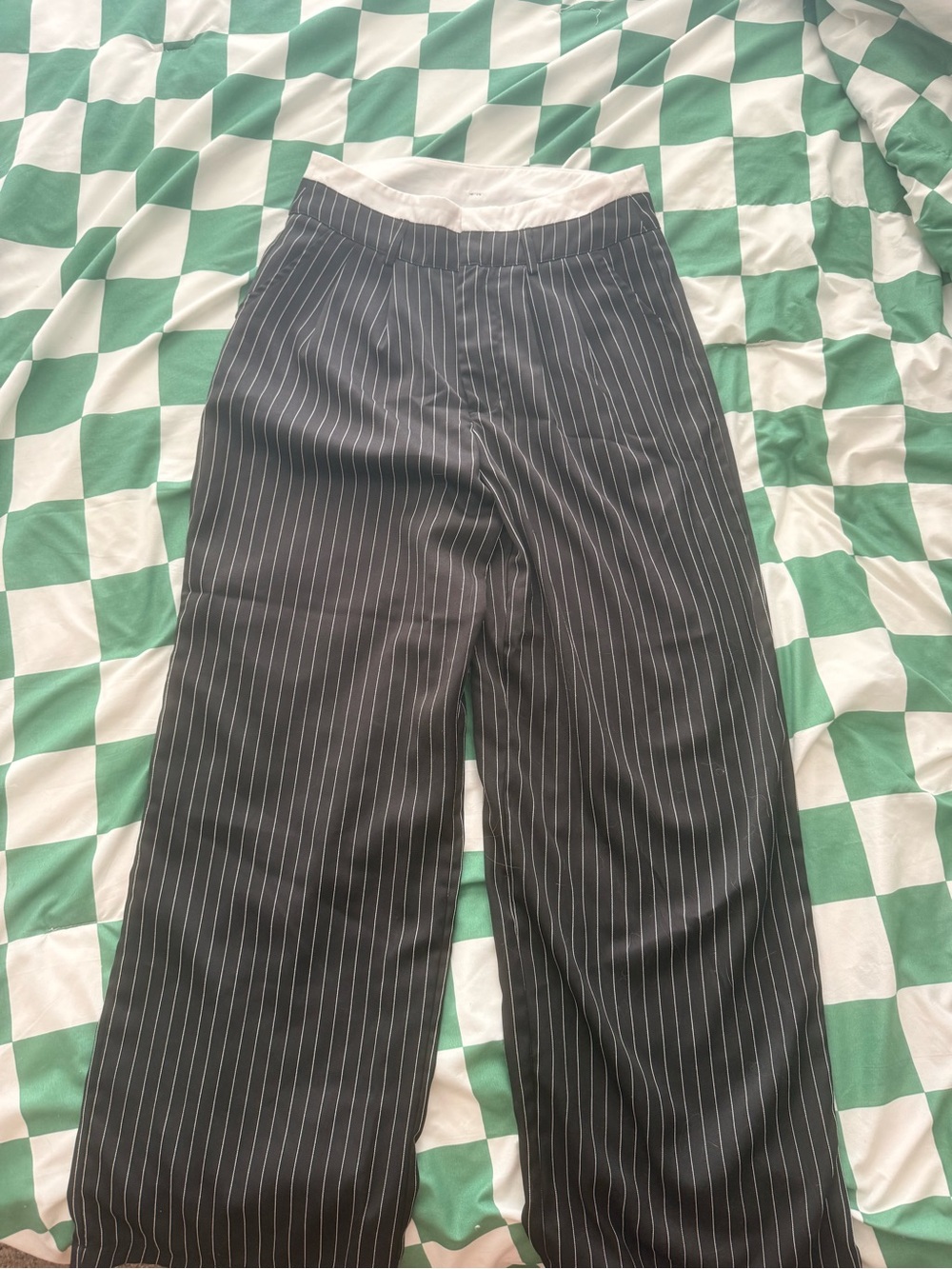 SHEIN Black Pinstripe Wide-Leg Trousers with White Waistband